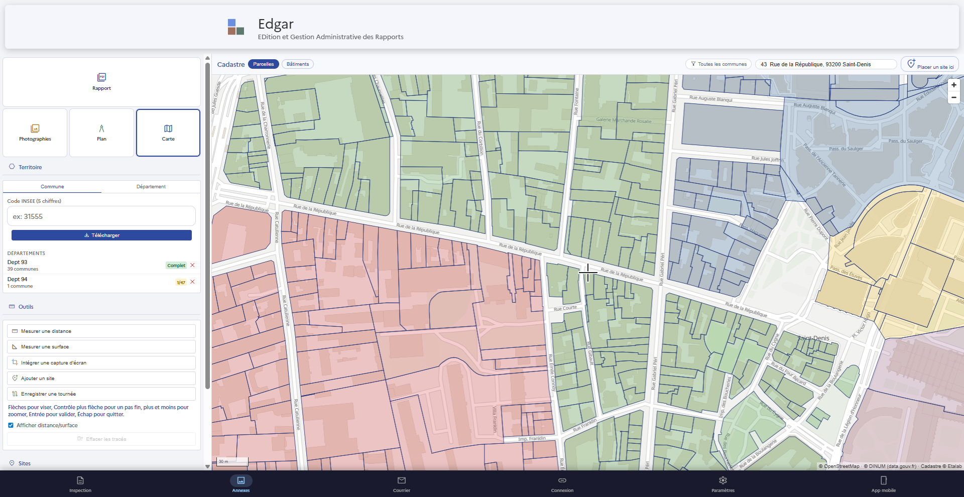 EDGAR PC — module Cadastre avec recherche de parcelle et plan cadastral superposé