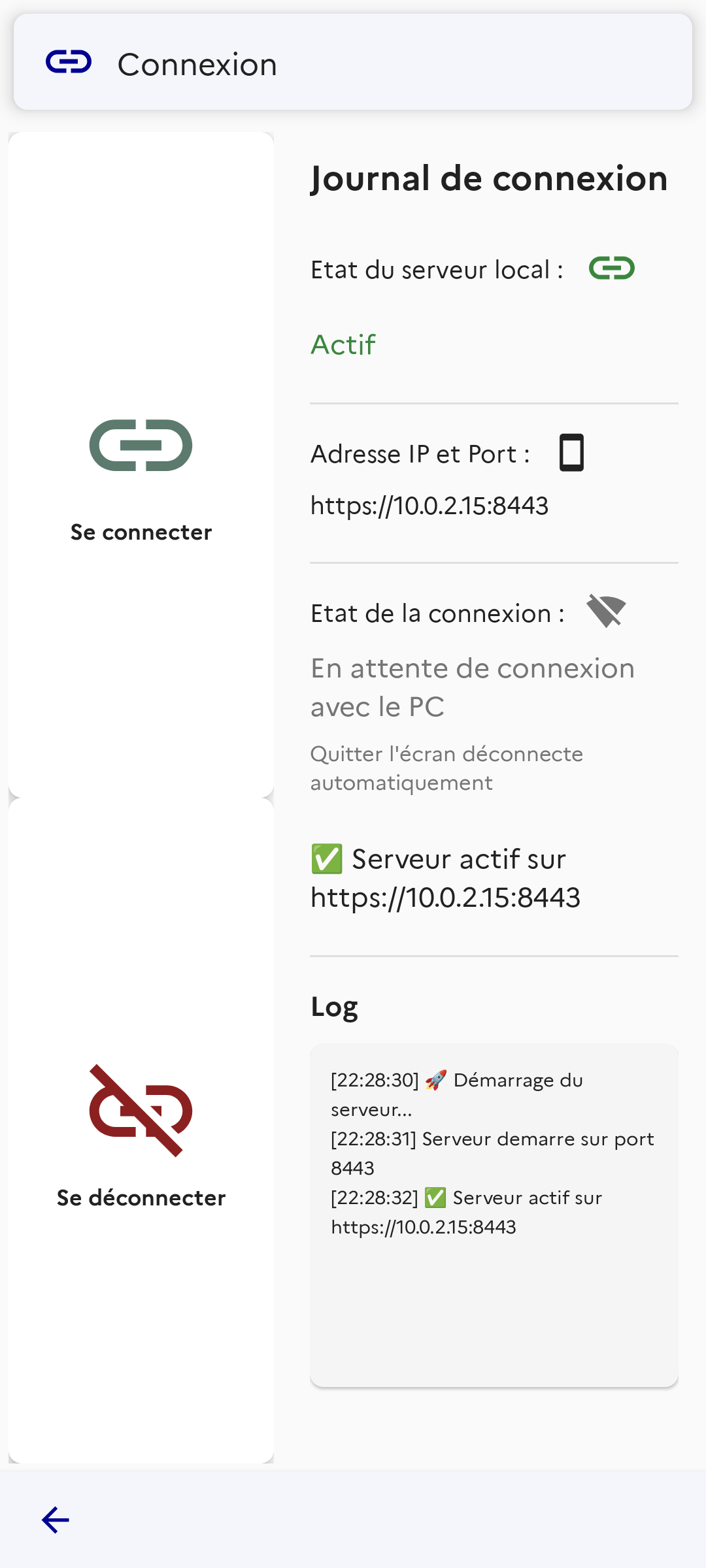EDGAR mobile — écran de synchronisation WiFi avec le serveur embarqué actif en attente de connexion du poste PC