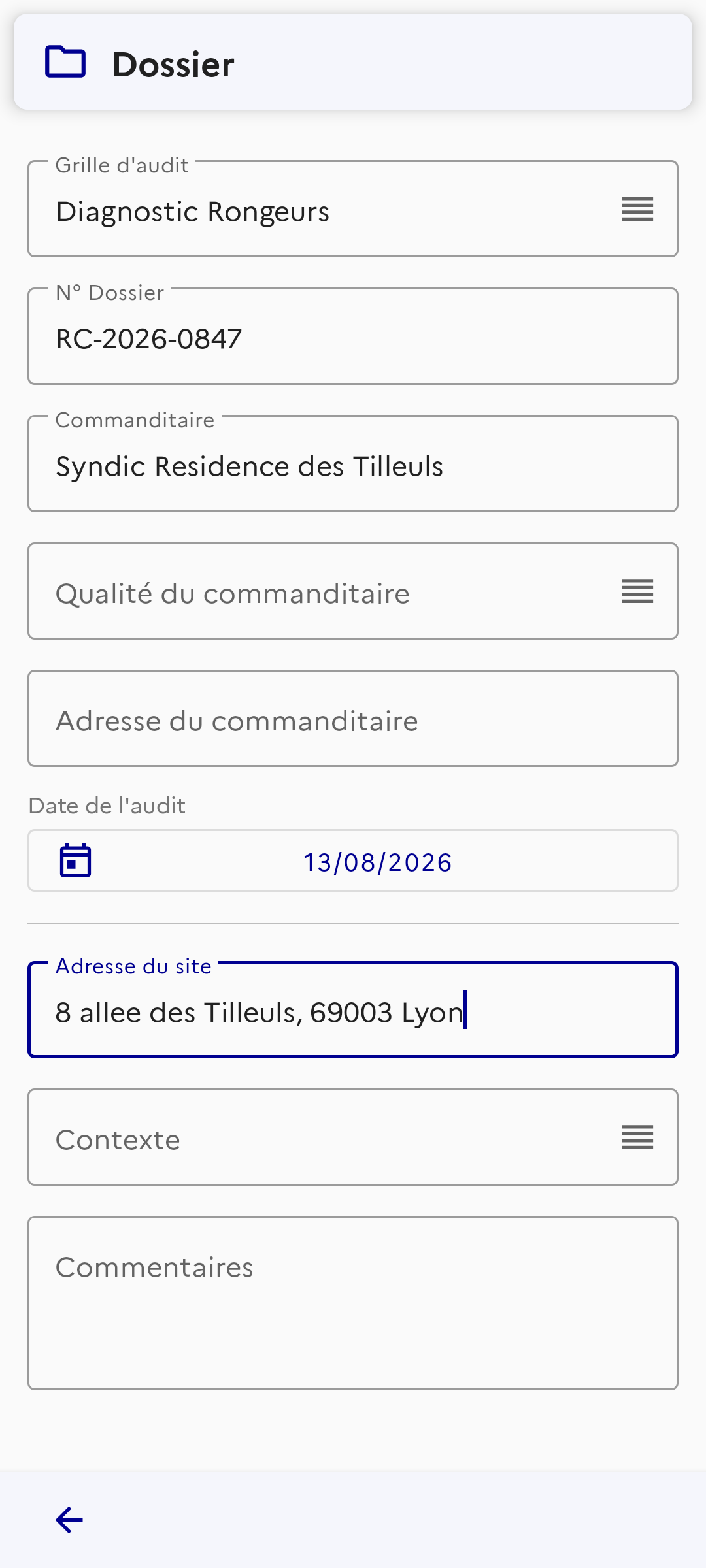 EDGAR3D mobile — fiche dossier avec commanditaire, adresse du site d'intervention et date d'audit