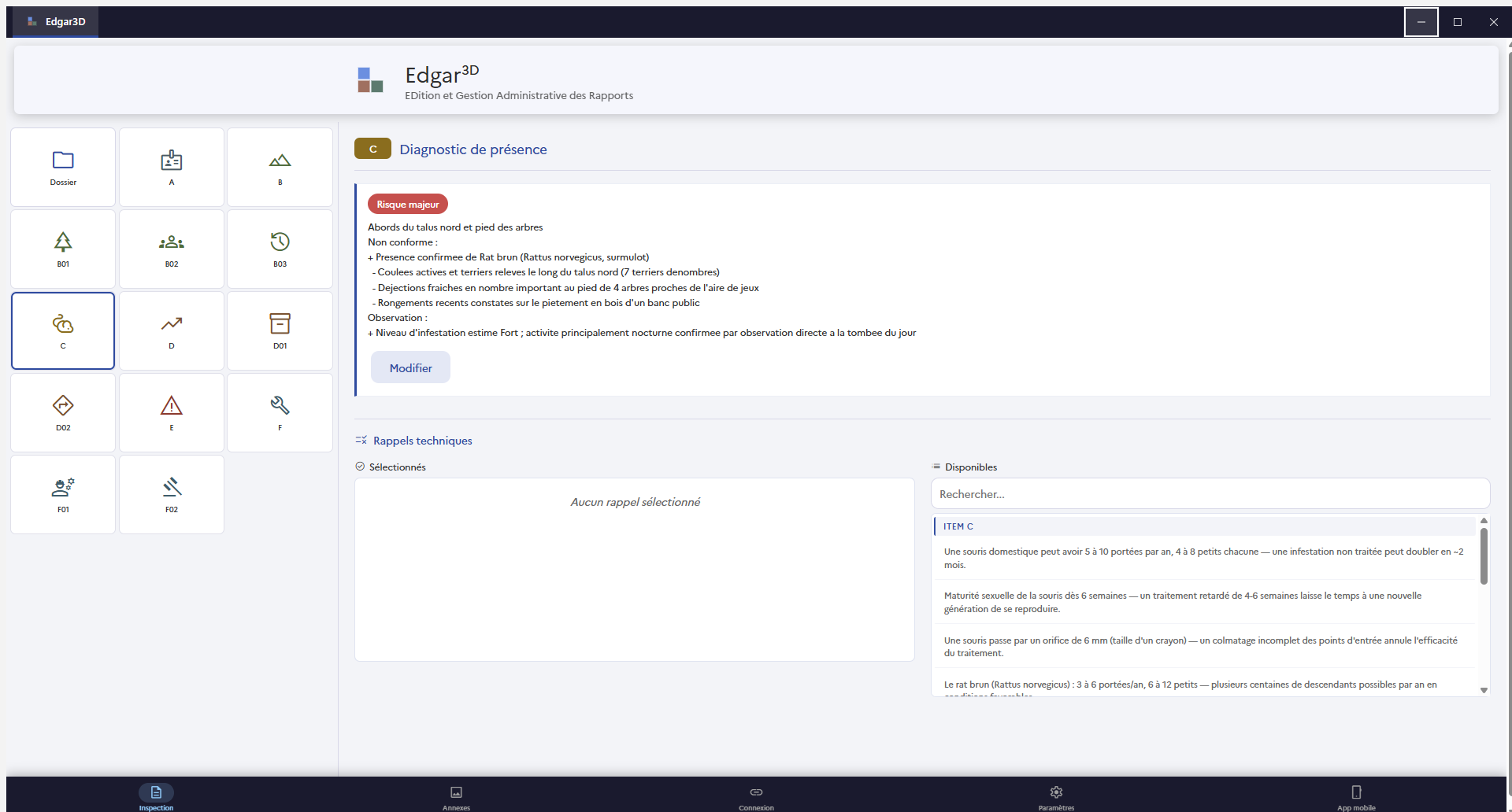EDGAR3D PC — écran d'inspection avec un audit rongeurs chargé, constats répartis par item et photos horodatées