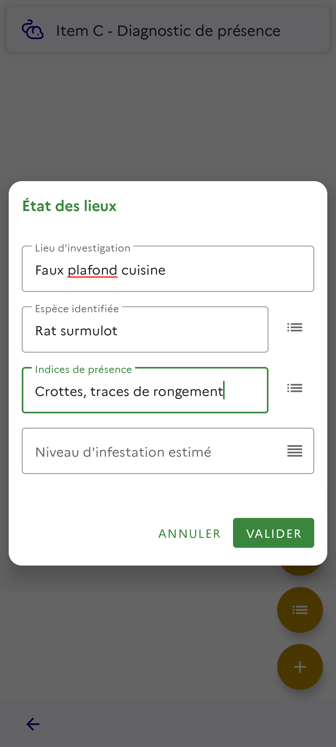 EDGAR3D mobile — formulaire état des lieux avec espèce identifiée, indices de présence et verdict de conformité