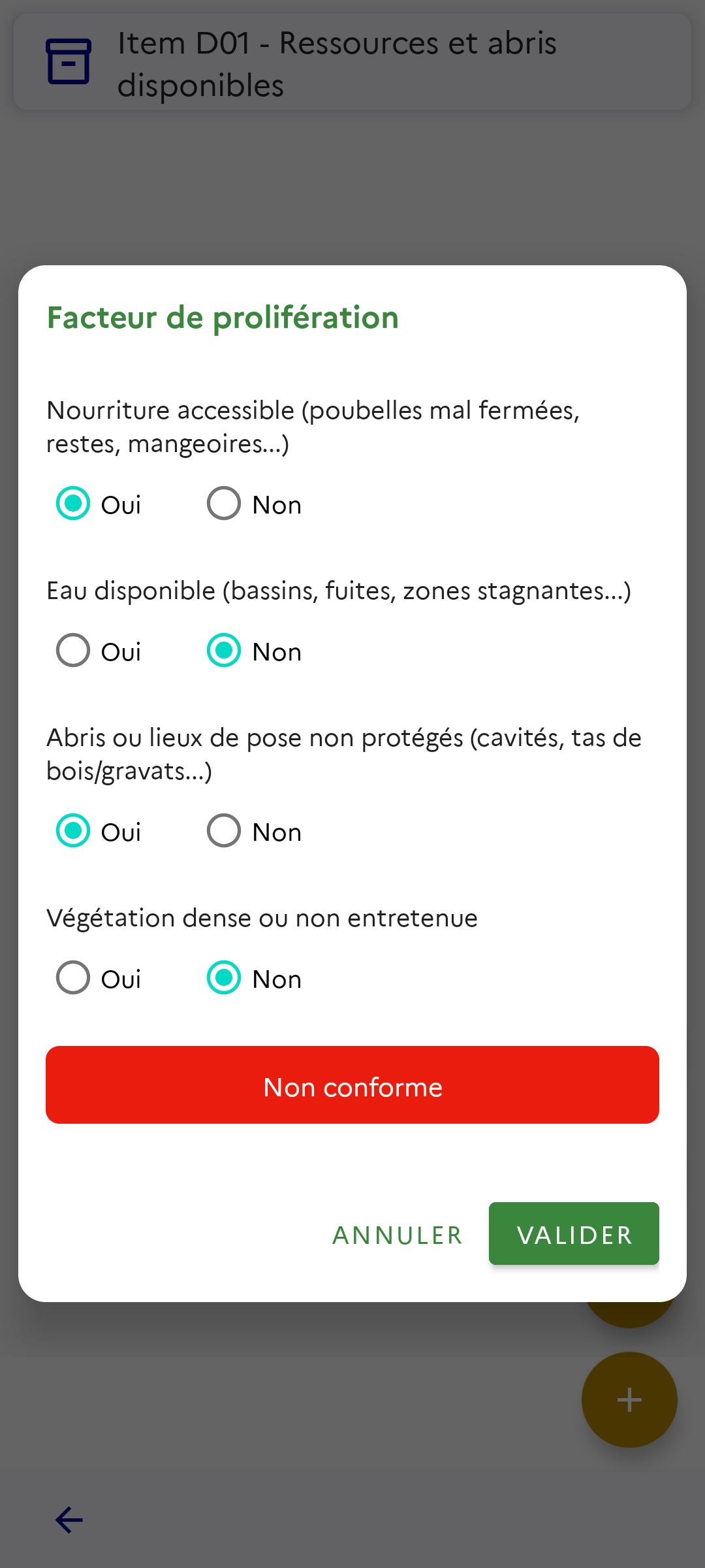EDGAR3D mobile — formulaire Facteur de prolifération avec quatre questions oui/non et verdict de conformité calculé