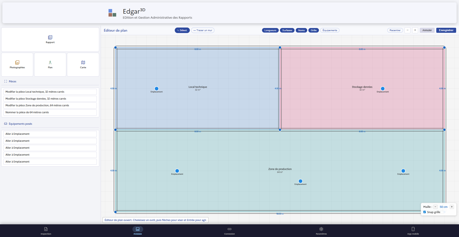 EDGAR3D PC — éditeur de plan du site avec zones et emplacements positionnés