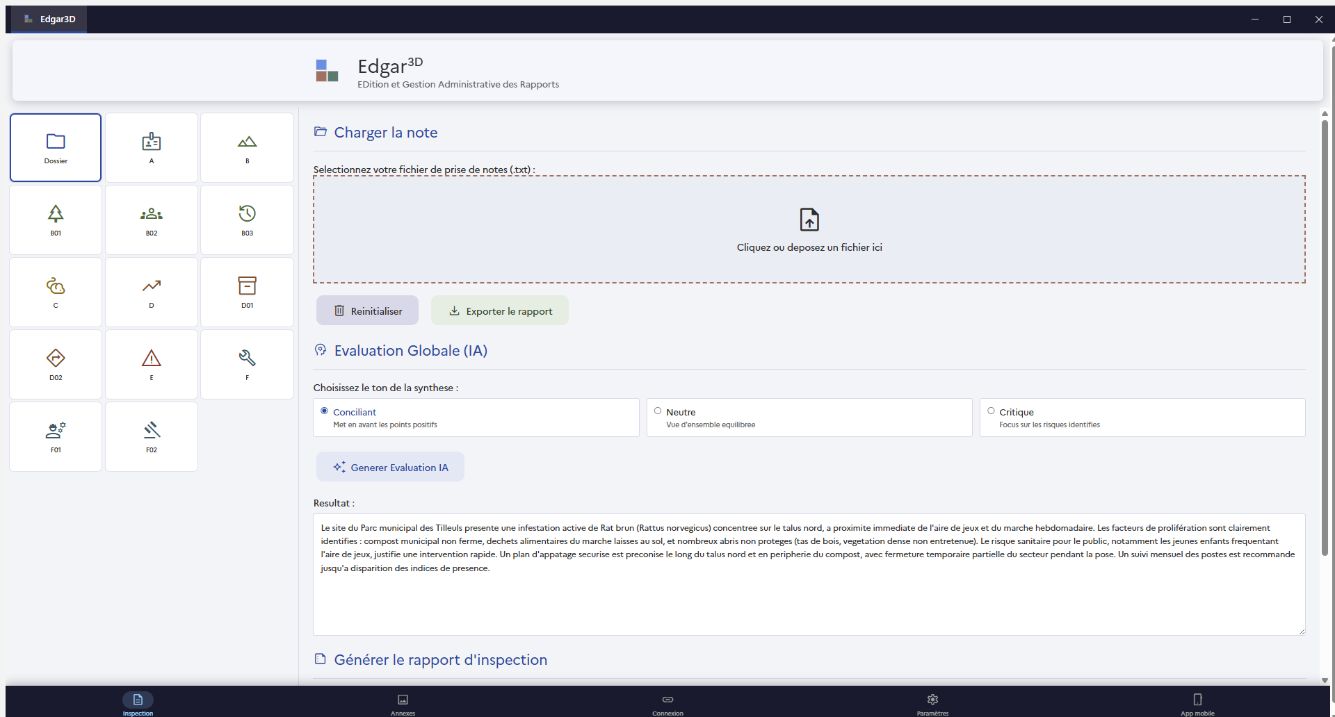 EDGAR3D PC — écran de rapport d'intervention avec synthèse des constats et bouton d'export ODT/DOCX