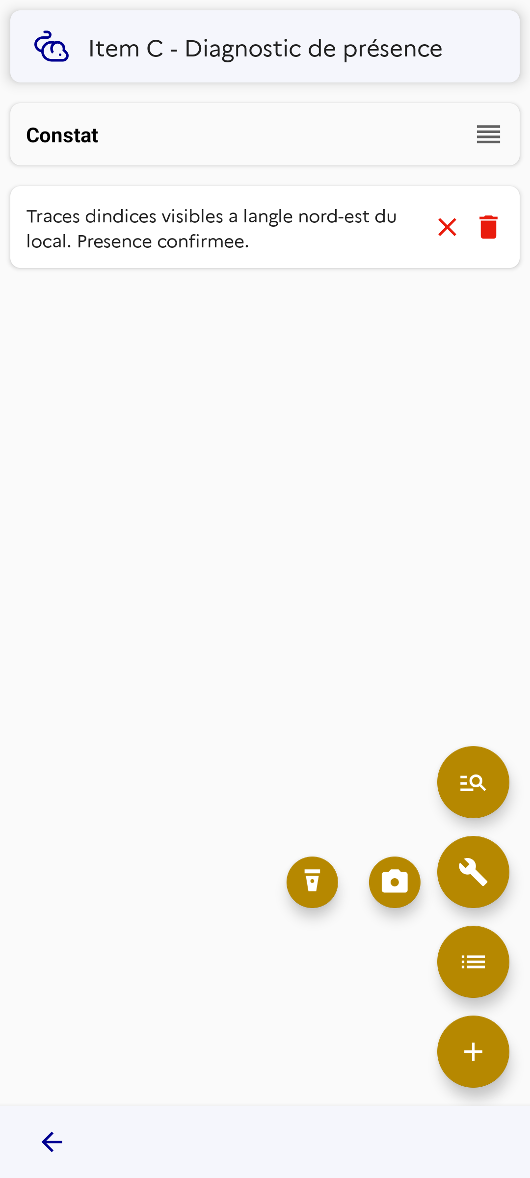 EDGAR3D mobile — saisie d'un constat avec le menu de boutons flottants pour les outils et les raccourcis spécifiques à l'item